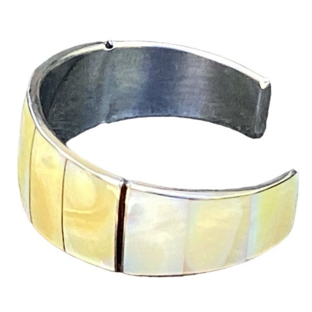 Handmade Silver Tone Cuff Bracelet with Champagne Mother of Pearl Inlay - Picture 3 of 6